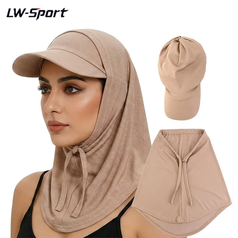 UPF Sun Protection Hijab Cap with Visor, Breathable Quick Dry Sports Hijab with Neck Cover, Adjustable Drawstring Full Coverage Sun Hat for Muslim Women Outdoor Cycling Hiking