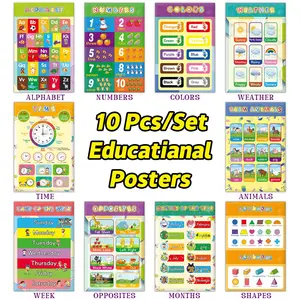 10PCS Educational Preschool Posters for Kids - Alphabet Numbers Shapes Farm Animals Weather Time Opposites Months Early Childhood Learning Materials Visual Learning Tools Waterproof A3 Size 32 Adhesive Tapes Sticker Decals Sticker Decorations