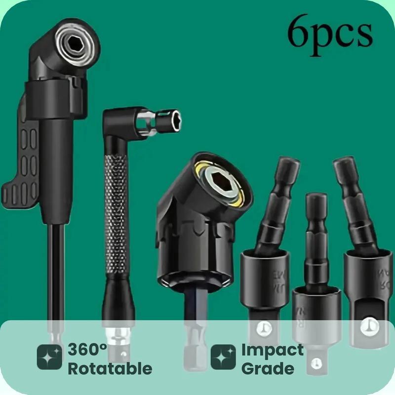 【Valentine's Day】6pcs Right-Angle Drill Bit Accessory Set, Including 3 360° Rotatable 1/4, 3/8, 1/2 Inch Impact Grade Socket Adapters, 2 105° Hex Shank Angle Drill Adapters And 90° Bevel Drill Bit, Tool Kit Heavy Duty