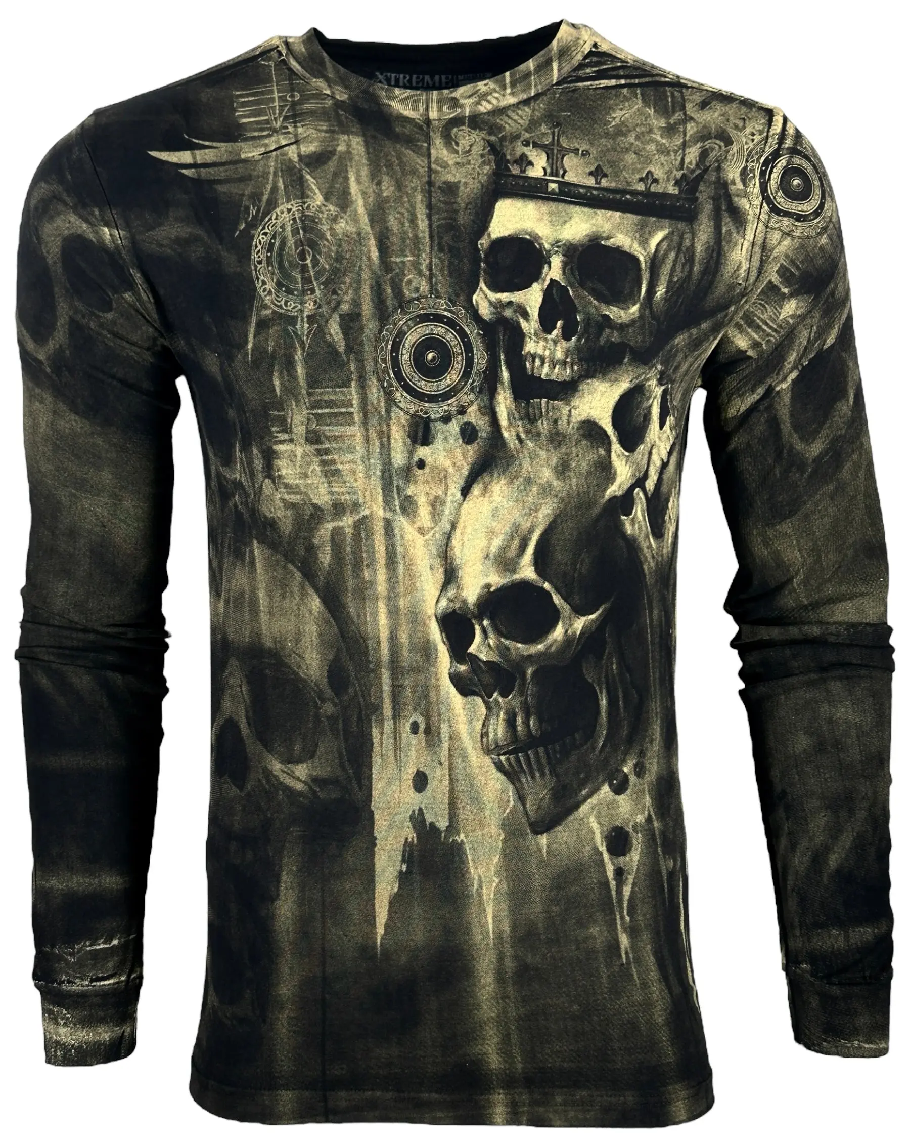 Xtreme Couture Men's Death's Grin Graphic Print Long-Sleeve T-Shirt, 100% Cotton Streetwear Fashion Top, Printed in USA, Tshirt, Round Neck, X2097, Casual Fit, Alt Goth Print Men's Long-Sleeve T-Shirts