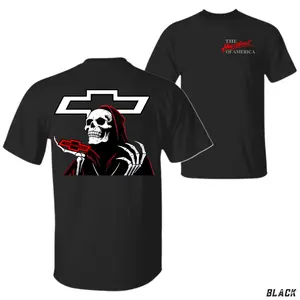 Chevy Grim Reaper T-Shirt, Skeleton Bowtie Graphic Tee with The Heartbeat of America Logo, Badass Chevrolet Skull Shirt for Truck Fans, Car Enthusiasts & Streetwear Style