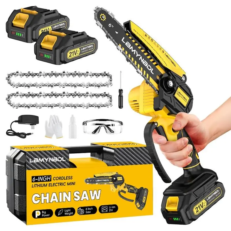 Cordless Mini Chainsaw 6-Inch One-Hand Operated Lithium Chainsaw Dual Batteries Dual Chains for Gardening Logging Woodworking and DIY Projects