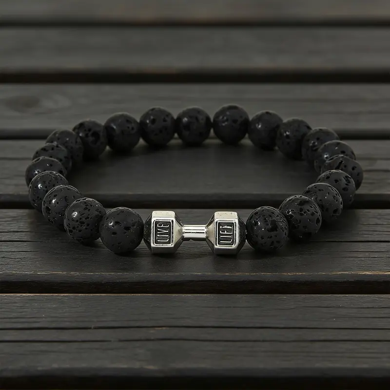 1pc/2pcs Lava Stone Dumbbell Beaded Bracelet, Sporty Style, Natural Lava Stone & Stainless Steel, Ideal for Fitness Enthusiasts, Beaded Jewelry Bracelets