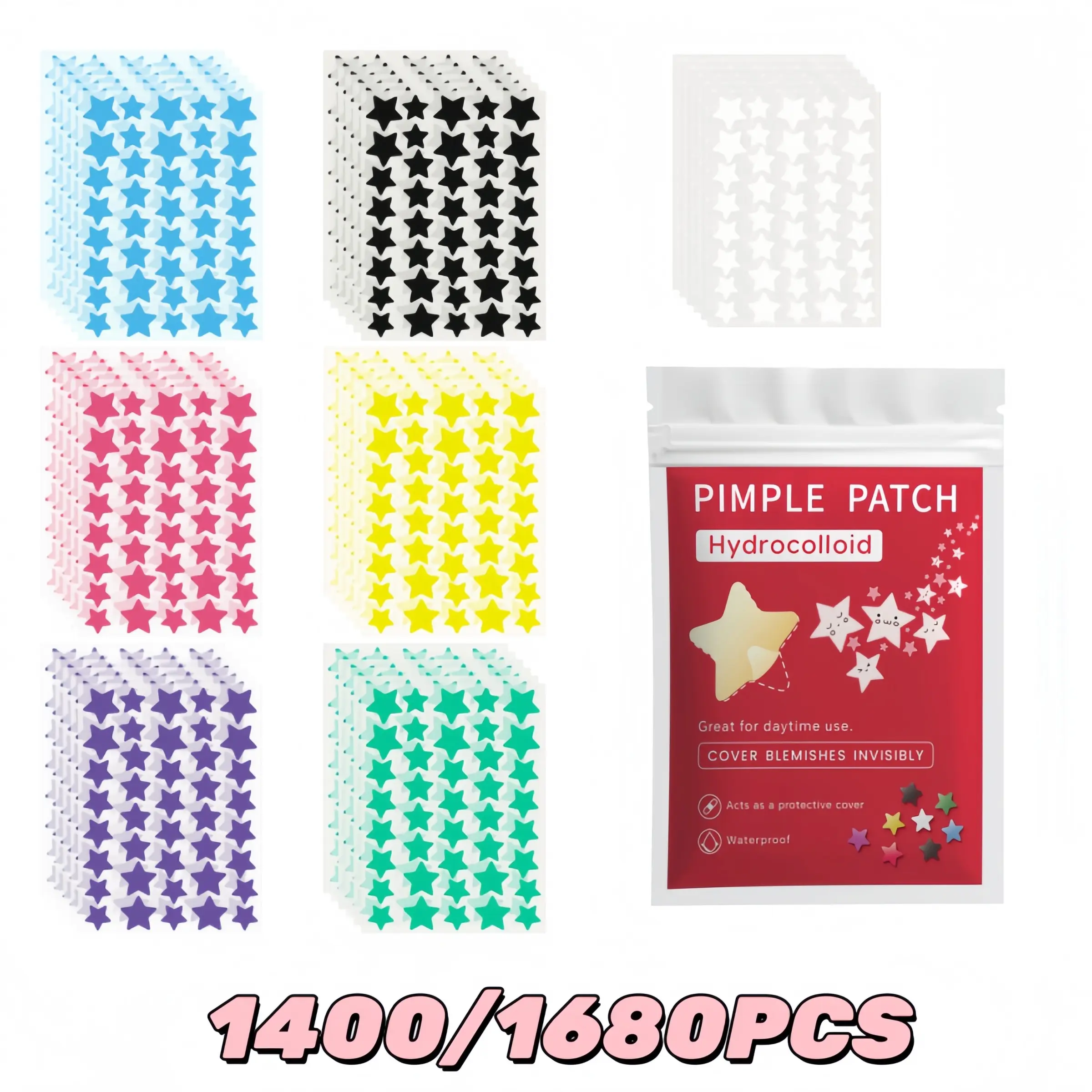 1400/1680pcs Rainbow Star Hydrocolloid Acne Pimple Patches Set, Colorful Spot Cover Stickers with Salicylic Acid, Tea Tree & Calendula Extracts, Gentle Blemish Care, Ultra-Thin & Breathable, Multi-Size Mix, Suitable for All Skin Types, Day & Night Use