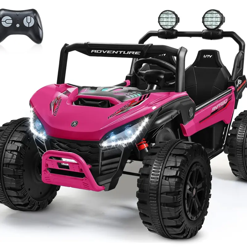 ANPABO 24V Battery-Powered 2-Seater Ride-On Car with Ride on Wheels, 4x200W Motors System, 5.1Mph Max Speed, Shock Absorber, Shatterproof Build, Bluetooth Music, LED Lights, Parent Remote, Spacious Cabin, Storage for Kids Ages 3-12, Batteries Built-In, Pl
