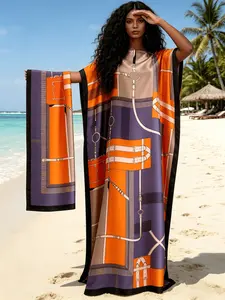 1 Dress+1 Scarf，Orange Purple Horsebit Chain Print Kaftan Dress for Women, Plus Size Muslim Abaya with Matching Headscarf, Loose Batwing Sleeve Maxi Caftan, Modest Beach Cover Up, Dubai Style Robe for Vacation, Eid & Casual Loungewear, Islamic Clothing