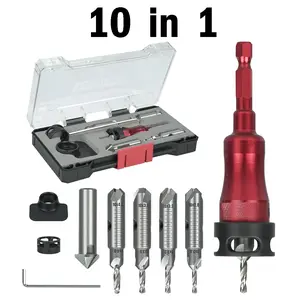 10 in 1 Countersink Drill Bit Set, Countersink Drill Bit with Depth Stop, M2 high-speed steel ，4 Reversible Heads & Vertical Pilot Adjustable, Hex Shank Key & Chamfer Tool for Woodworking Projects，tools and gadgets for him，drill