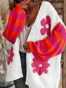 Women's Fall Winter Colorblock Floral Design Knit Cardigan, Casual Loose-Fitting Long Sleeve Sweater, Fashionable Open Front Pullover for Ladies Knitwear Womenswear Knitted Pullover