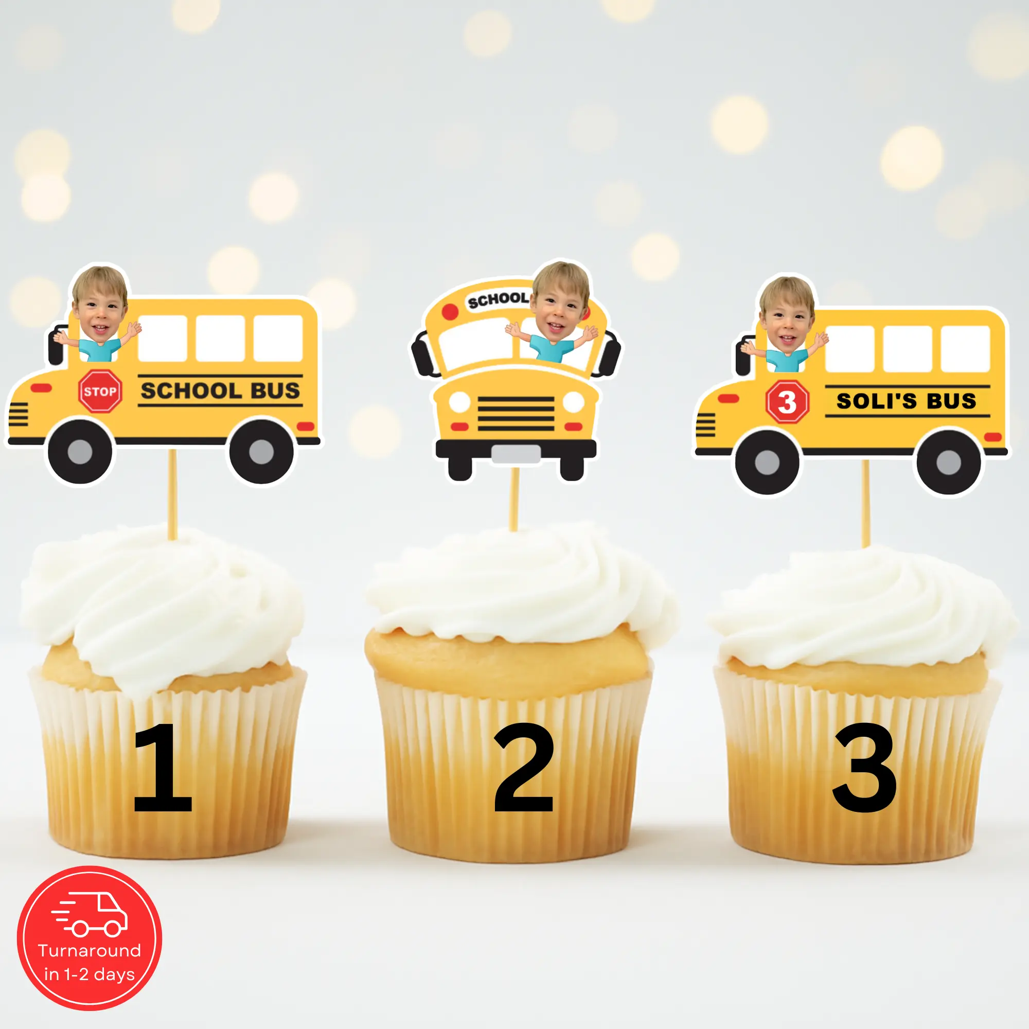 Personalized School Bus Cupcake Toppers – Wheels on the Bus Party