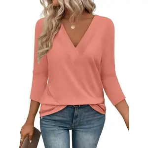 Womens Spring Summer Tops V Neck 3/4 Sleeve Outfits Loose Fit Soft Blouses Business Casual Basic Plus Size T Shirts