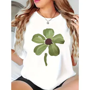 Womens Cotton Graphic Tee Green Four Leaf Clover Shamrock Print Casual Short Sleeve T Shirt Soft Breathable Summer Top Cute Outfit For St Patricks Day