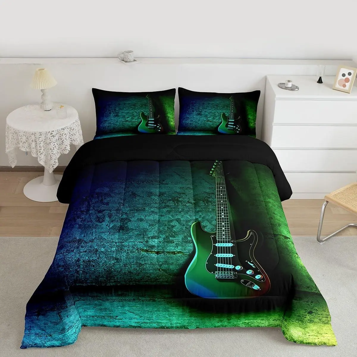 Guitar Bass Comforter Set,for Kids Adults,Rock Music Instrument 3D Pattern Bedding Set,Modern Pop Music Comforter,Neon Blue Green Duvet Insert