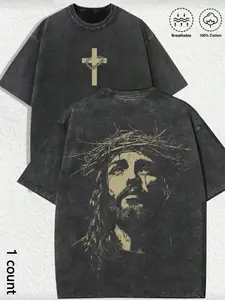 1 Men‘s Vintage Washed T-Shirt with Jesus Christ Crown of Thorns Back Graphic, 100% Cotton Breathable Short Tee, Menswear Clothes for Christian Streetwear, Church Events, and Daily Casual Wear, Fashion
