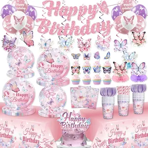 196 count Butterfly Birthday Decor Includes Butterfly Plates & Napkins Set, Banner, , Tablecloth, Cupcake Topper, Balloon, Table Decor, for Girls Butterfly Party Decors, Serves 25