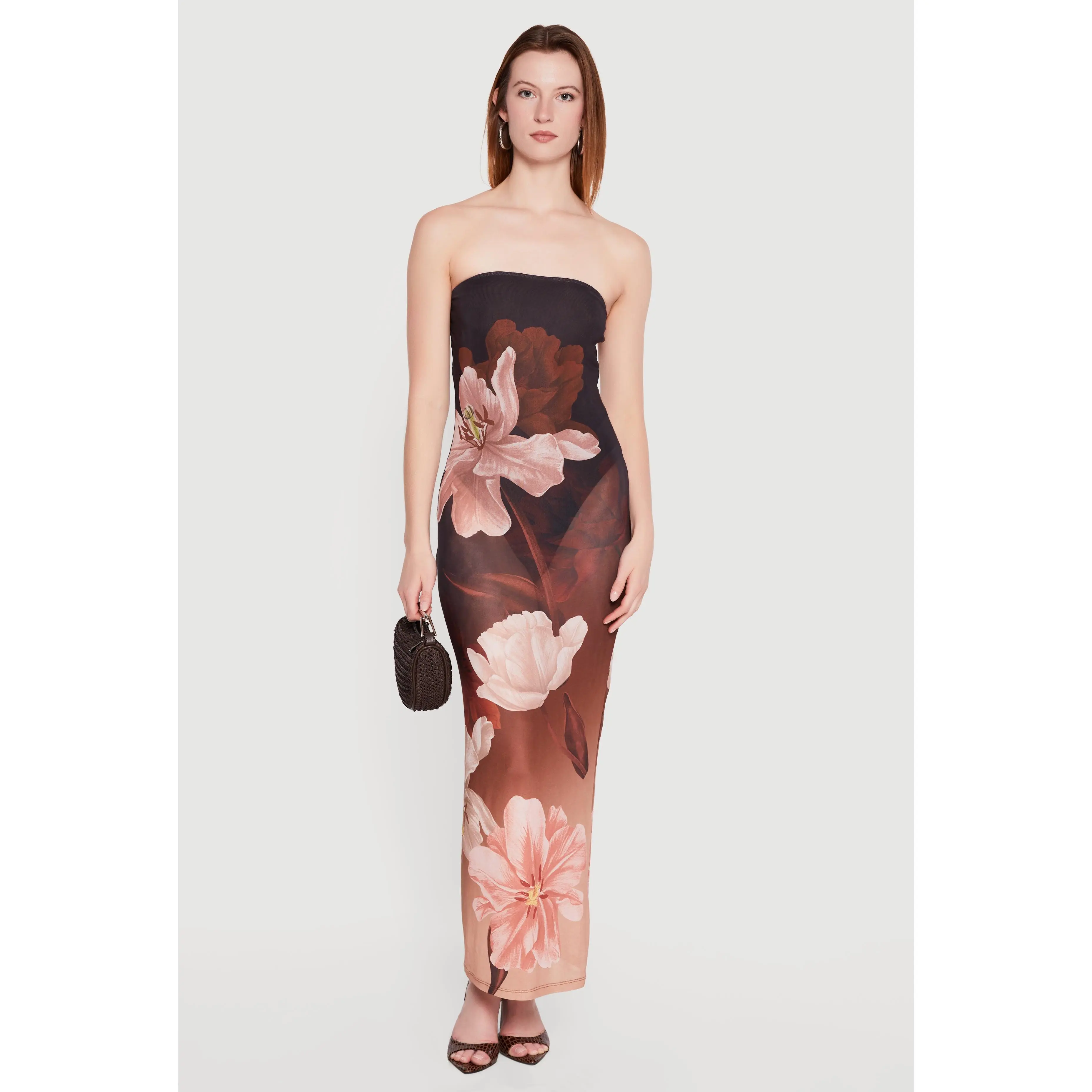 Floral Mesh Strapless Maxi Dress with Built-In Bodysuit