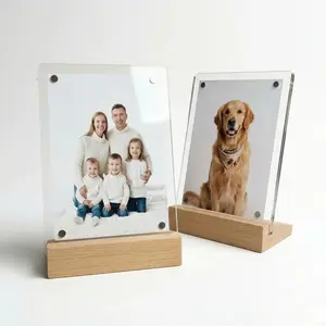 Magnetic Acrylic Photo Frame with Solid Beech Wood Base | Anti-Slip, Ultra Clear, Easy Photo Swap for Home Office Desk, Perfect for Women Men Gift