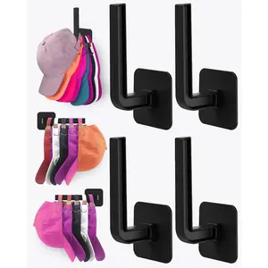 Hat Rack for Hat Storage (4-Pack), Multi-Purpose Hat Organizer,  Adhesive Hat Hooks for Wall Organizer for Baseball Caps, Two Mounting Options Hook, Black