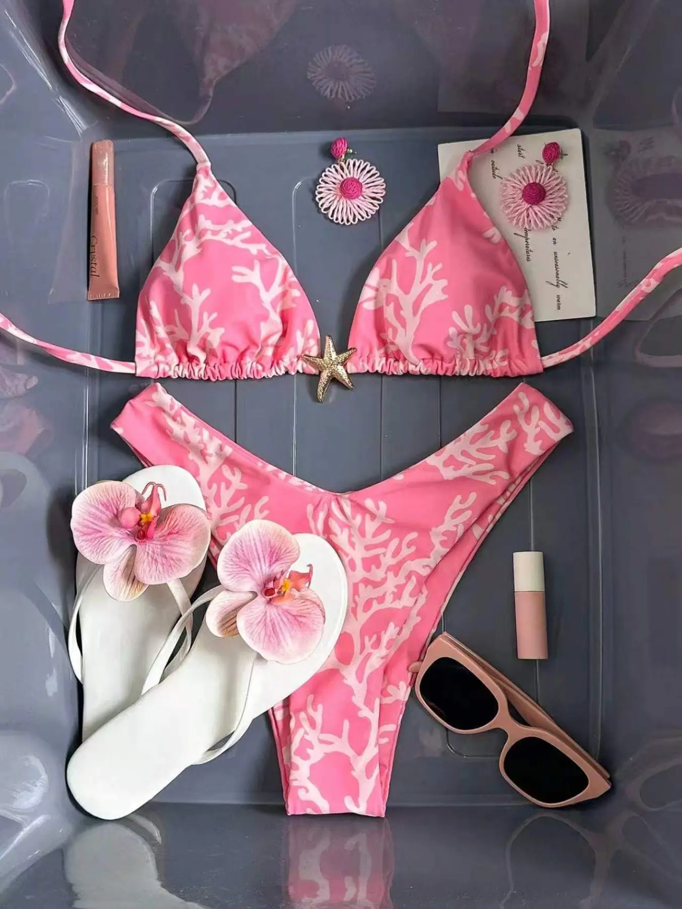Women's Sexy Bikini Set, Two-Piece Coral Print Tie-Back, Perfect for Beach Vacation and Pool Party, Stylish and Comfortable Swimwear, Beach Bikini Swimsuit, Summer Bikini Beach