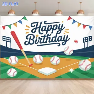 1pc 2D Flat Banner, Baseball-Themed "Happy Birthday" BackdropVibrant Green Field with Red Bat & Baseballs, Polyester Photography Background for Sports-Themed Parties, Indoor/Outdoor Decor, Photo Booth Props, and