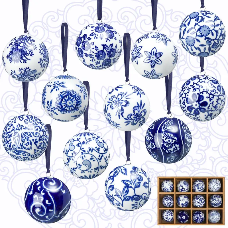 Chinoiserie Christmas Ornaments Blue & White Porcelain Ornaments Set Ceramic Fabric Wrapped Christmas Ball Classic Teapot Ginger Jar Hanging Ornament for Xmas Tree Home Birthday Baby Shower Wedding Party Decor Holiday Winter Craft