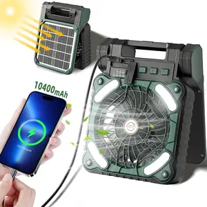 Solar  Portable Camping Fan,10400mAh rechargeable Solar Power Cordless  Fan with LED Lantern | 4 Wind Speeds Adjustable | 3 Timers Modes | Quiet ,  for Tent, Fishing ,Picnic