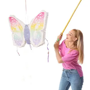 Expandable White Lilac Paper Butterfly Pinata Hanging Decor with Pastel Colored Wings, Fairy Themed Birthday Party Pinata - 23"x19"