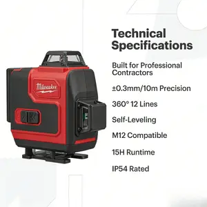 Milwaukee M12 12-Line Green Laser Level 3 Plane Self-Leveling with M12 REDLITHIUM Battery & Rapid Charging System for Professional Construction