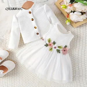 Baby Girl Fall Outfit, Long Sleeve Cardigan Coat Flower Embroidery Tulle Tank Dress 2 Piece Set