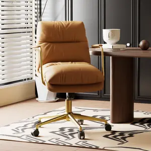 PU Leather Swivel Office Chair with Adjustable Armrests & Height - Rolling Wheels, Gold Frame for Home & Office,Cowhide-gold