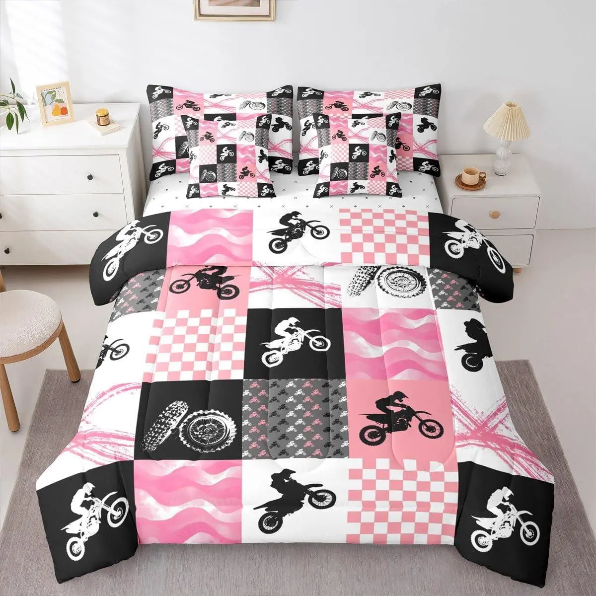 Motocross Comforter Bed Set,7 Pieces,Dirt Bike Bed Bag,Motorcycle Rider Bedding Set with Comforterssheets,Pillowcases  Motorbike Extreme Sport Game Bed Set