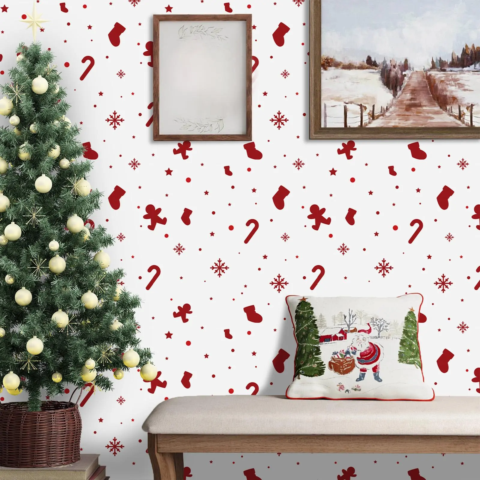 Christmas Themed Pattern Wallpaper, 1 Count Self Adhesive Removable Wallpaper, Peel & Stick Waterproof Wall Paper for Bedroom Living Room Tables