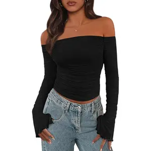 Fall Tops for Women 2025 Trendy Long Sleeve Crop Mesh Slim Fit Y2K Cute Shirts Going Out Off The Shoulder Top Womenswear Blouse Basic Minimalist Short Army Green