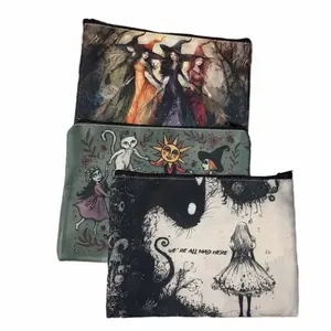 Boho 3Pack Make-up Bags with Enchanting Witches Cats & Mad Alice in Wonderland Decor Elegant Enamel Finish Portable Cosmetic Pouches with Zipper Closure for Women's Travel Storage