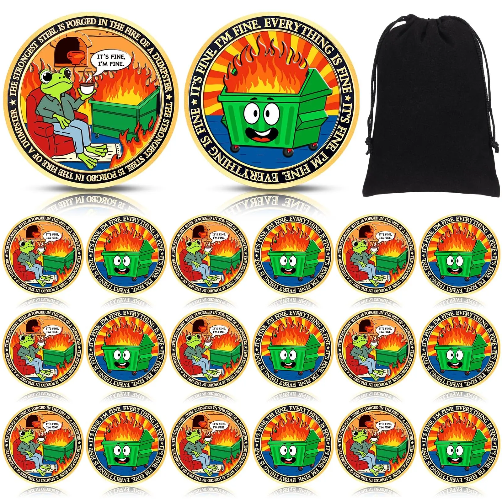 24/30/48/60 Sets Dumpster Fire Challenge Coins Sets Humorous Employee Appreciation Gift for Nurse Teacher IT Service Industry Workers Coworker Student, Humorous Frog Steel Medallion with Bag, Emotional Support for Team Favor