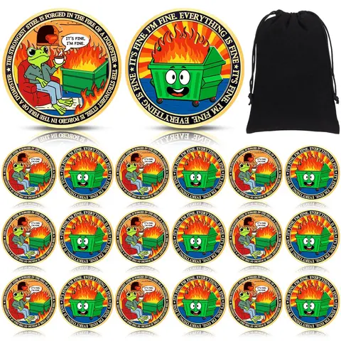 Dumpster Fire Challenge Coins Sets Humorous Employee Appreciation Gift for Nurse Teacher IT Service Industry Workers Coworker Student, Humorous Frog Steel Medallion with Bag Emotional Support for Team Favor