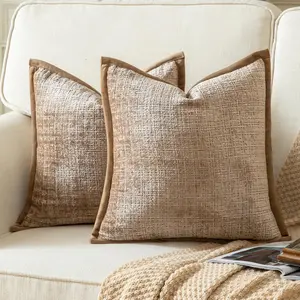Pack of 2 Textured Decorative Throw Pillow Covers Cushion Cover Soft Cozy Pillow Case with Velvet Back for Couch Sofa Bed Living Room 18x18 Inch Camel