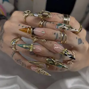 Handmade Gold Armor Press On Nails | Luxury Stiletto Nails With Metallic Details | Vintage Gothic Statement Nail Set
