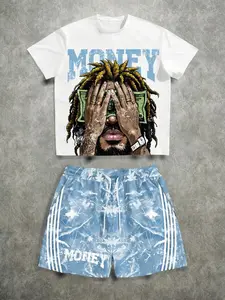 Summer Comfort Casual Top + Drawstring Shorts, Men's Letter Print Short Sleeve T-Shirt and Shorts Set Tracksuits, Fitted Style, Perfect for Relaxing