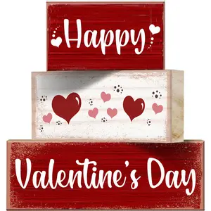 3pcs   Happy Valentine's Day wooden strip sign set, distressed edge design, party table centerpiece, layered tray decorative accessories, UV printed festive atmosphere decorative wooden strips, romantic table decoration small gift