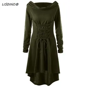 Medieval Cosplay Renaissance Archer Costumes Hooded Robe Lace Up Pullover Long Hoodie Dress Cloak Halloween Party