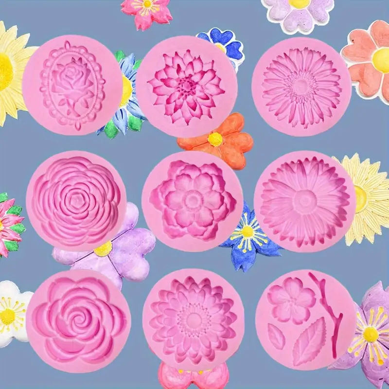 9 Pcs Flowers Fondant Molds Silicone Molds For Cupcake Dessert Chocolate Jelly Cookie Decor Jewelry Pastry Chocolate Handmade Soap Mould Candy Making