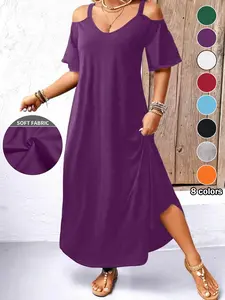 Plus Size Women's Minimalist Solid Color Off-Shoulder Halter Dress, Casual Comfortable Flowy Long Dress, Daily Commute Wear, Spring & Fall