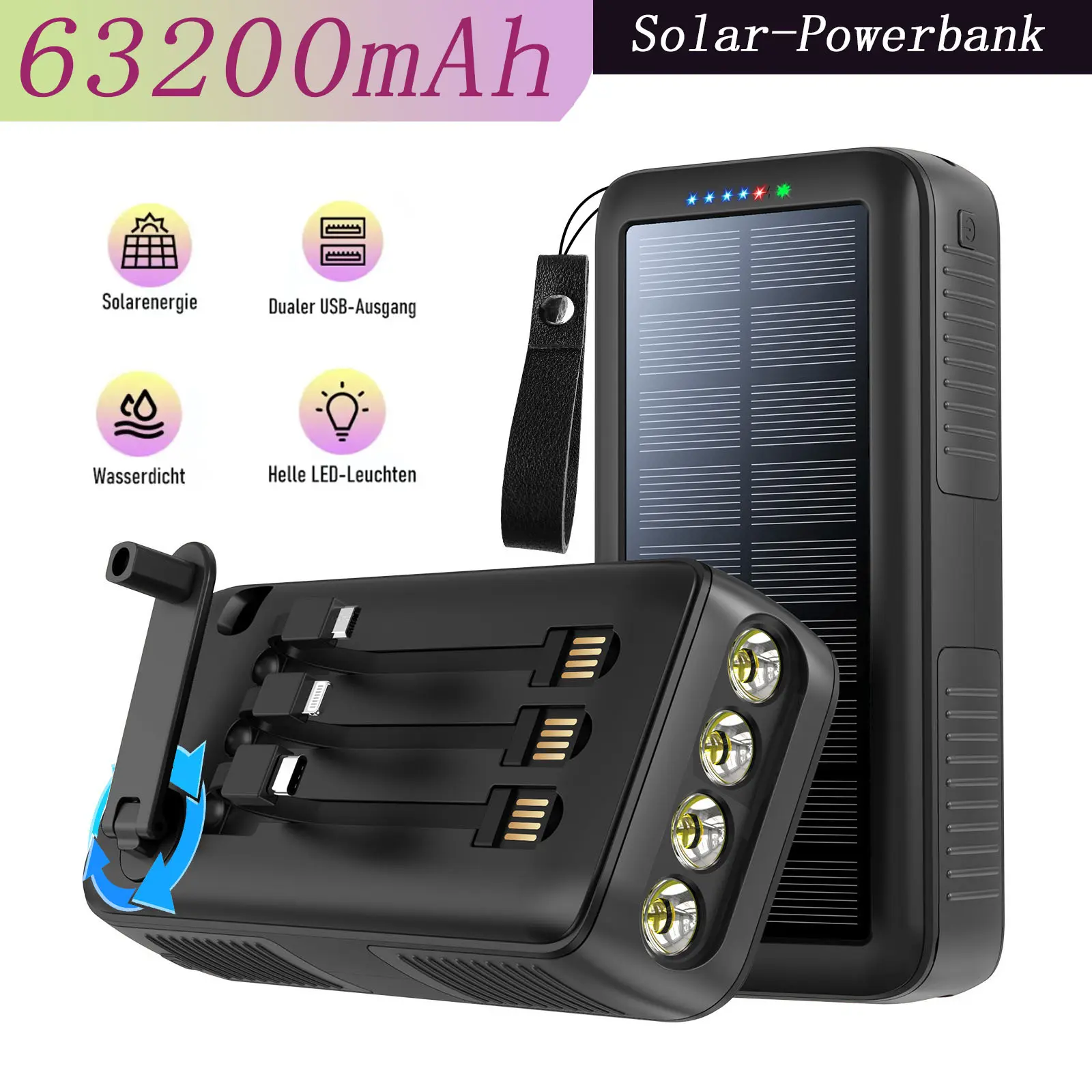 Portable solar charger, 63200mAh solar power bank, waterproof battery pack, external power supply charger suitable for outdoor activities and camping, dual USB 5V output, 4 LED flashlight charging function, boyfriend gift.