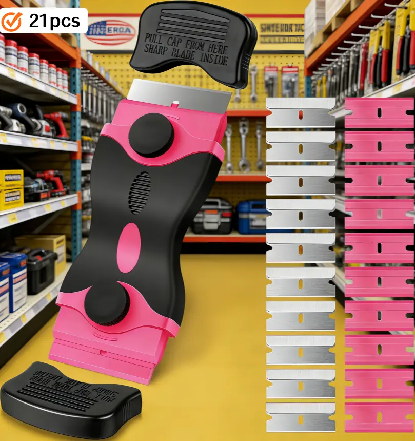 Pink 2-in-1 Double Blade Surface Scraper Kit - Includes 20 blades (10 plastic+10 metal) multi-purpose non scratch remover, suitable for stickers, paints, glass stoves, windows, automatic detailing, and art