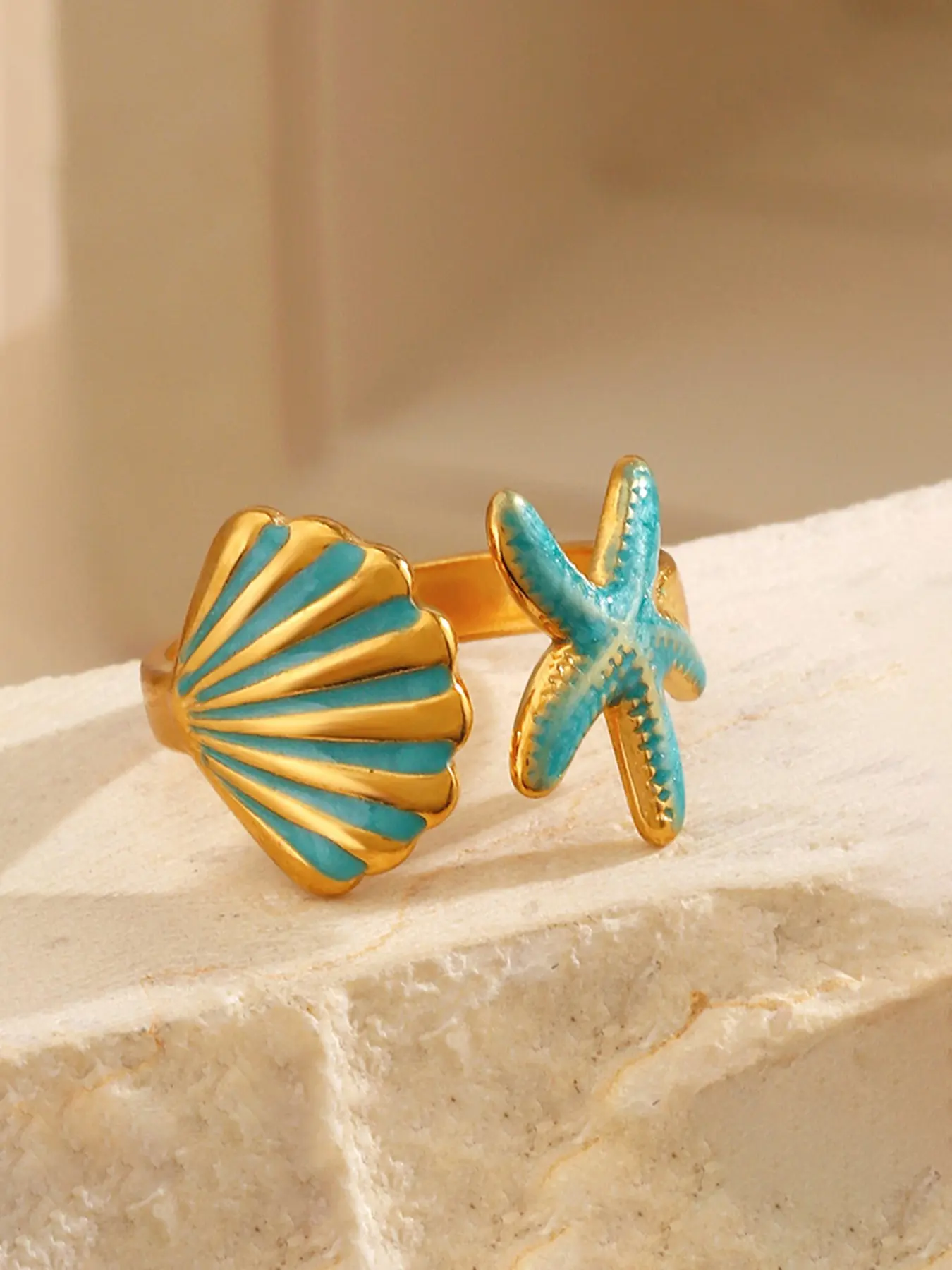 1Pcs Stainless Steel Enamel Starfish Shells Open Adjustable Ring for Women Waterproof Chic Beach Summer Ring Jewelry