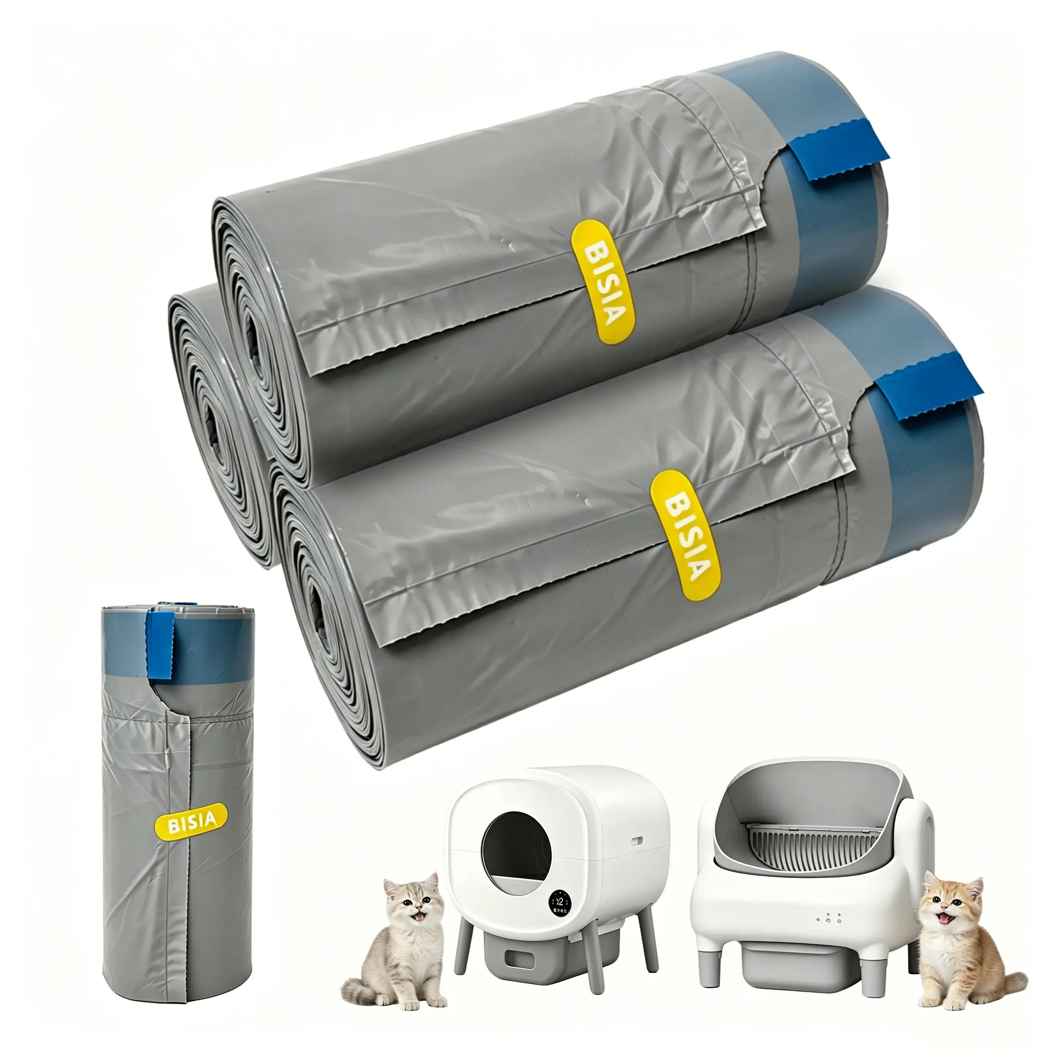 Heavy Duty Leak Proof Gray Cat Litter Box Bags Drawstring 60 Pack