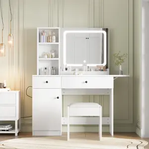 Vanity Desk with Mirror & Light, Makeup Vanity Table with Charging Station, Large Storage Cabinet & 2 Drawers & 3 Open Shelves, 3 Lighting Modes Adjustable Brightness, Bedroom Dressing, White