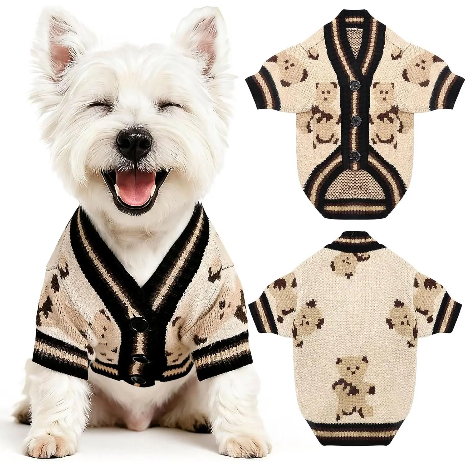 Small  Sweater Cute Bear  Cardigan Coat Clothes for Small Medium Dogs Boy Girl Soft Warm Fall Winter Puppy Knitted Outfits Chihuahua Shih Tzu, (Beige, Small, Chest 12" Length 9.5")