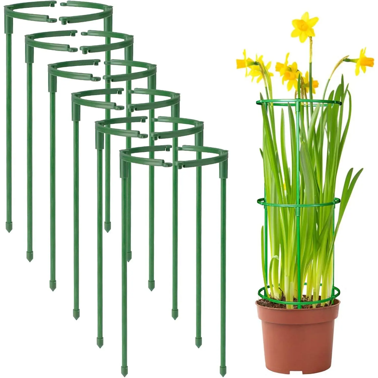 12-Count Synthetic Plastic Support Stakes, 5.9"w x 9.8"h Half-Round Stackable 3-Tier Garden Plant Cages, Weather-Resistant Smooth Surface Supports with Aesthetic Appearance for Tomato, Climbing Plants