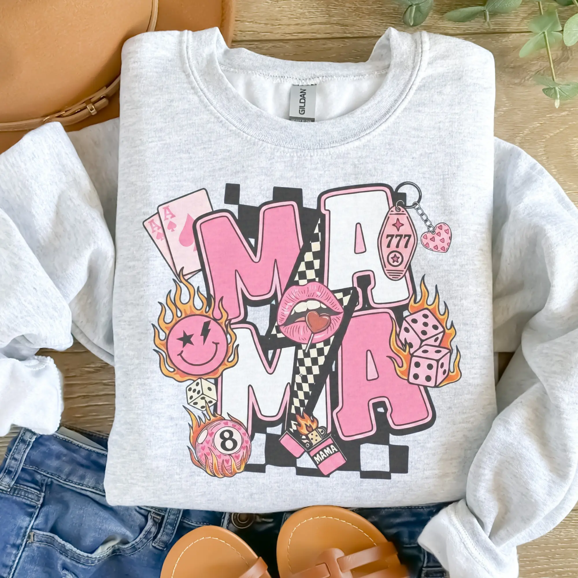 Mama - Mama Smiley Flames Eight Ball Art Edgy Mama Sweatshirt
